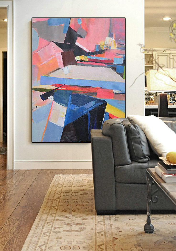 Extra Large Acrylic Painting On Canvas,Vertical Palette Knife Contemporary Art,Handmade Acrylic Painting,Pink,Brown,Black,Blue.etc